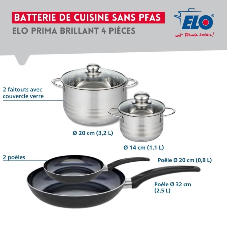 Batterie de cuisine Prima Brillant en aluminium et inox - 20, 32, 14 et 20 cm
