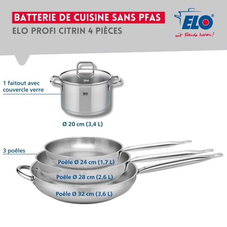 Batterie de cuisine Profi Citrin en inox - 20, 24, 28 et 32 cm