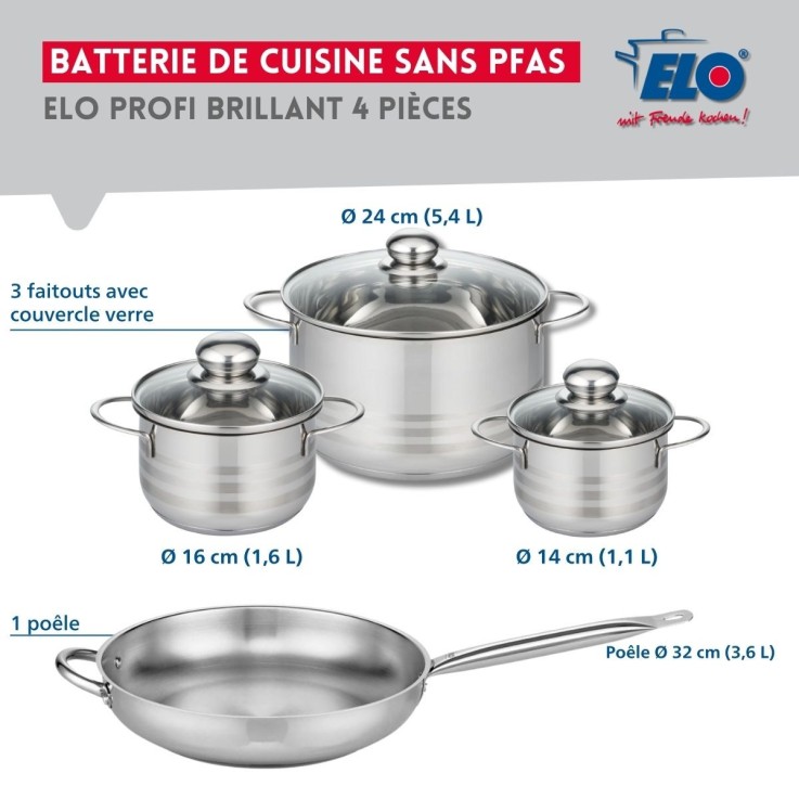 Batterie de cuisine Profi Brillant en inox - 4 pièces - 14 à 32 cm