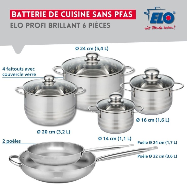Batterie de cuisine Profi Brillant en inox - 2 poêles et 4 faitouts