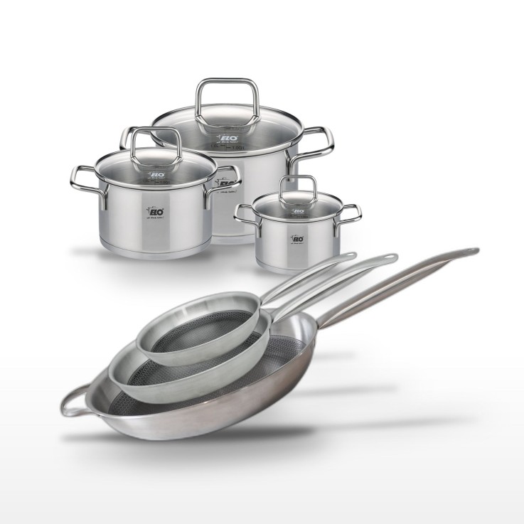 Batterie de cuisine Relief Solution en inox - 3 poêles, 3 faitouts - grise