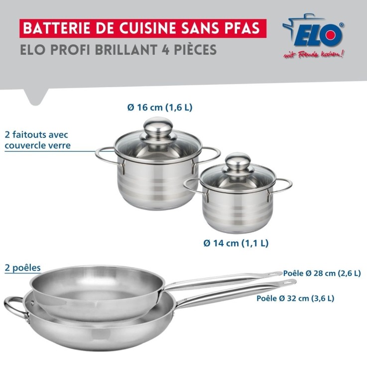 Batterie de cuisine Profi Brillant en inox - 2 poêles et 2 faitouts