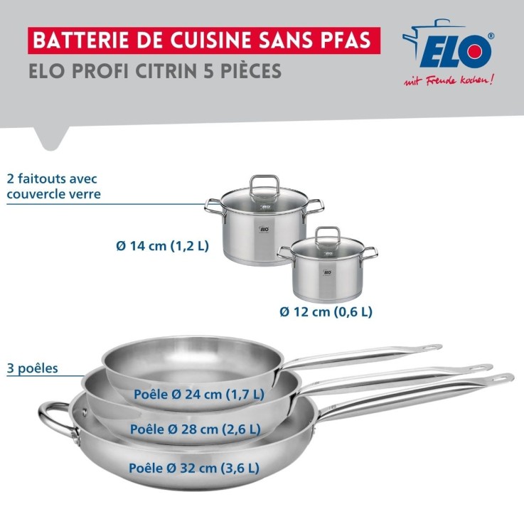Batterie de cuisine Profi Citrin en inox - 3 poêles et 2 faitouts