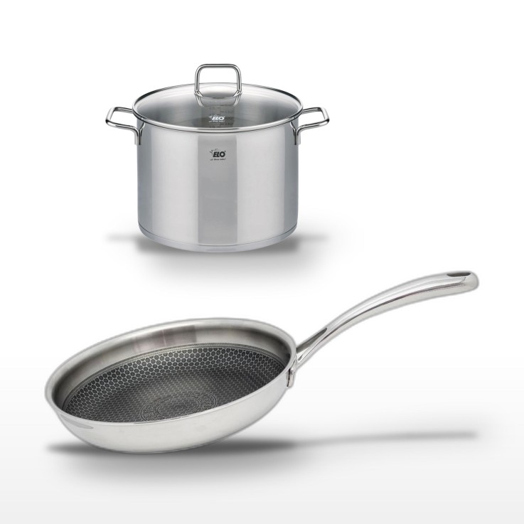 Lot faitout et poêle Relief Evolution en inox - 26 cm - 28 cm