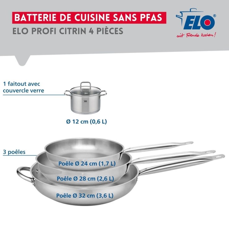 Batterie de cuisine Profi Citrin en inox - 3 poêles et 1 faitout