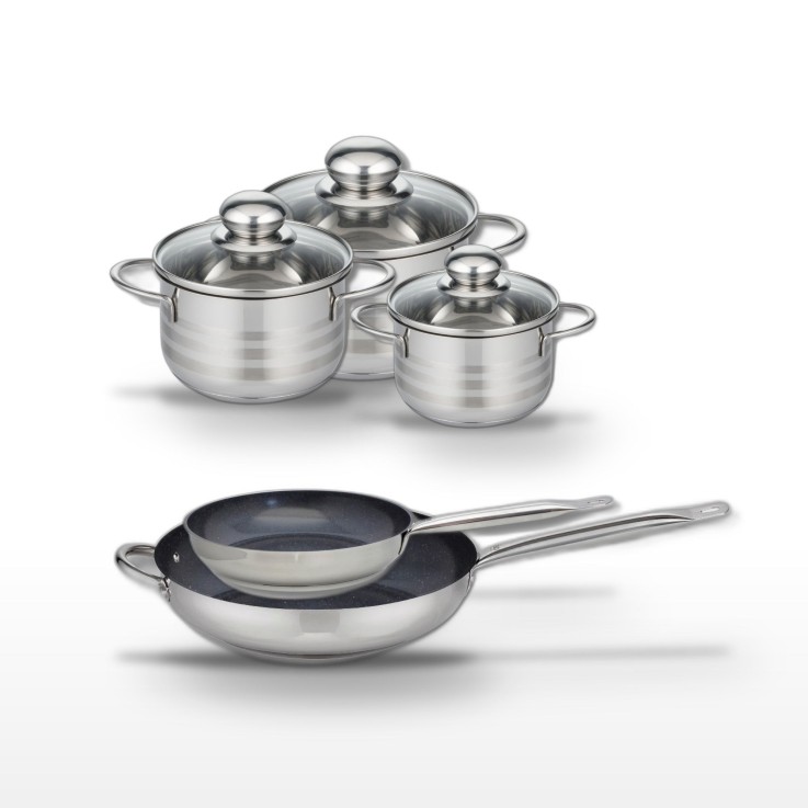 Batterie de cuisine en inox - 2 poêles et 3 faitouts