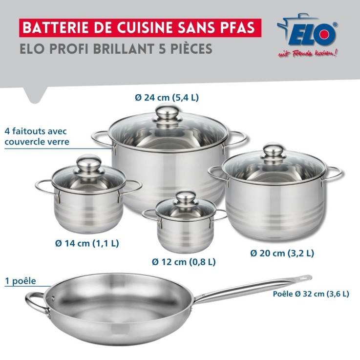 Batterie de cuisine Profi Brillant en inox - 12, 14, 20, 24 et 32 cm