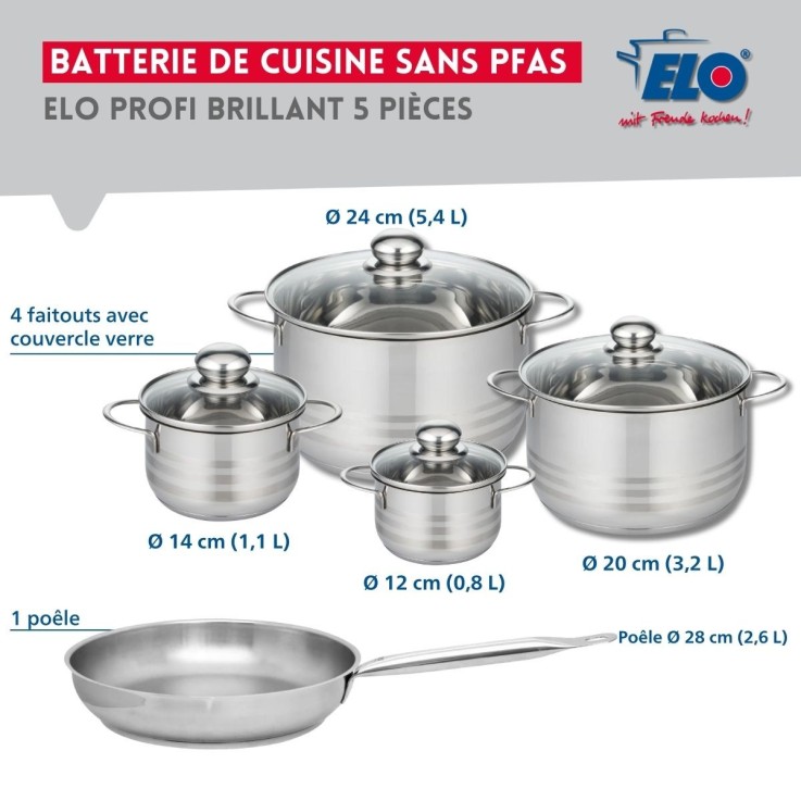Batterie de cuisine Profi Brillant en inox - 5 pièces - poêle et faitouts