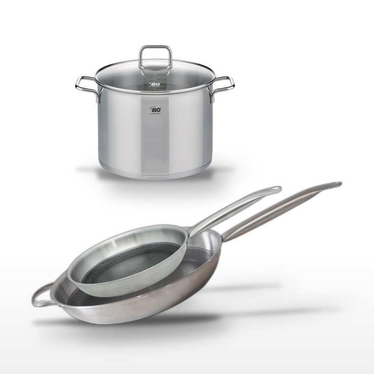 Batterie de cuisine Relief Solution en inox - poêles 32 et 28 cm - faitout 26 cm