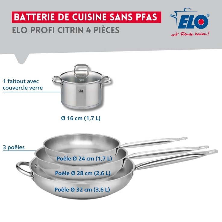 Batterie de cuisine Profi Citrin en inox - poêles 24, 28 et 32 cm - faitout 16 cm