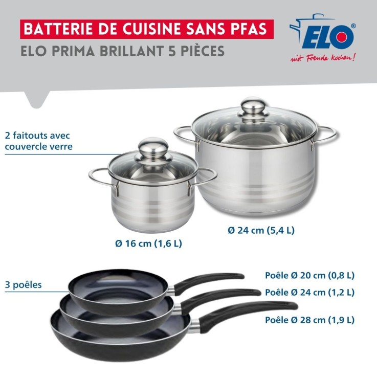 Batterie de cuisine Prima Brillant en aluminium et inox - 5 pièces assorties