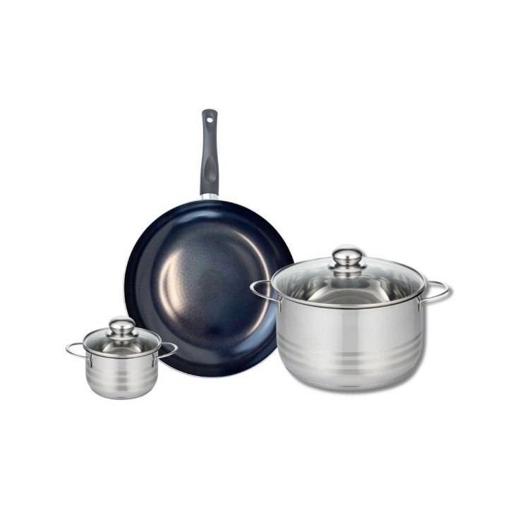 Batterie de cuisine Prima Brillant en aluminium et inox - 28 cm, 12 et 24 cm - noire