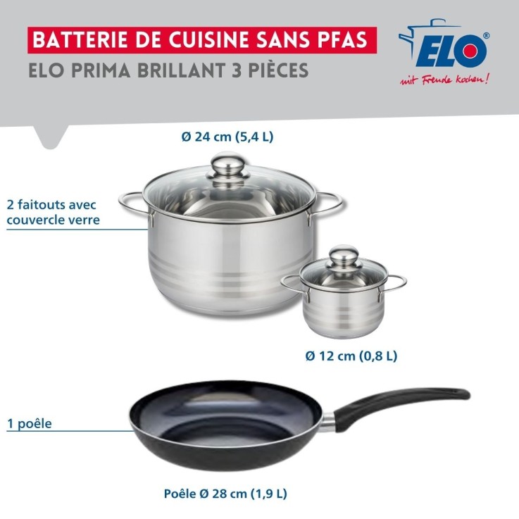 Batterie de cuisine Prima Brillant en aluminium et inox - 28 cm, 12 et 24 cm - noire
