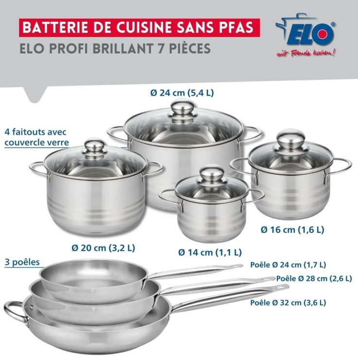 Batterie de cuisine Profi Brillant en inox - 3 poêles et 4 faitouts