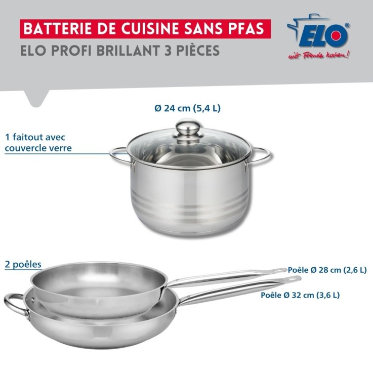 Batterie de cuisine Profi Brillant en inox - 28, 32 et 24 cm