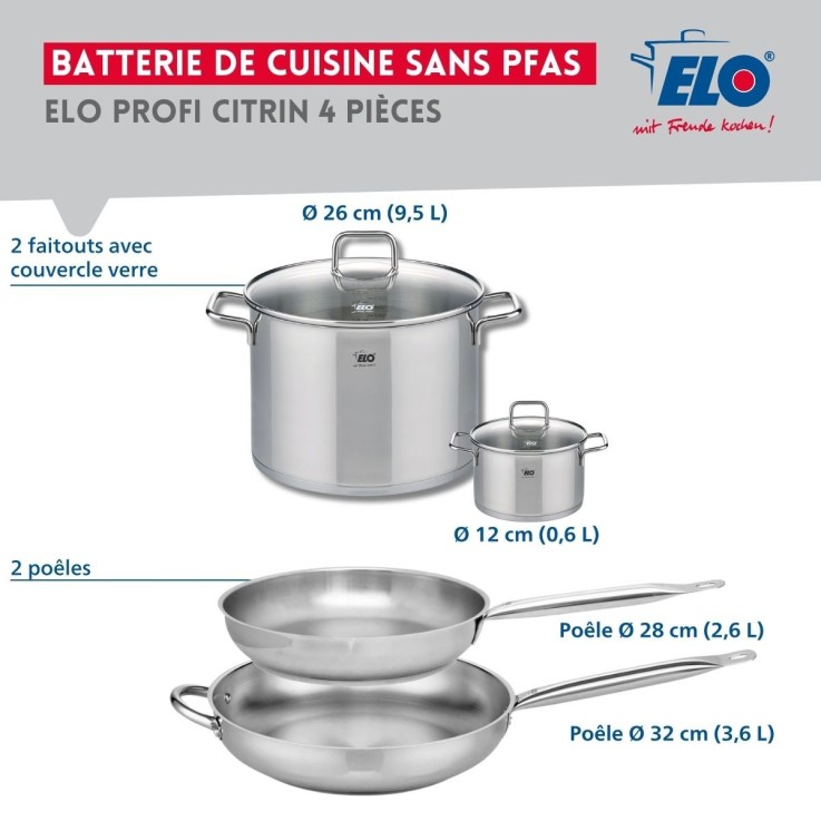 Batterie de cuisine Profi Citrin en inox - 2 poêles et 2 faitouts
