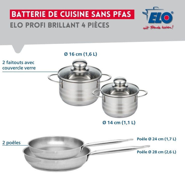 Batterie de cuisine Profi Brillant en inox - 2 poêles et 2 faitouts