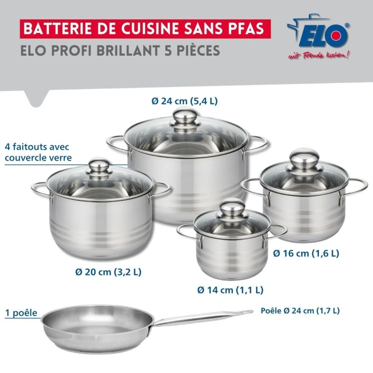 Batterie de cuisine Profi Brillant en inox - 1 poêle, 4 faitouts - gris