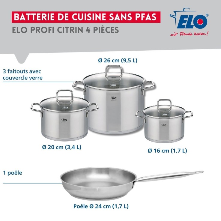 Batterie de cuisine Profi Citrin en inox - 16, 20, 24 et 26 cm
