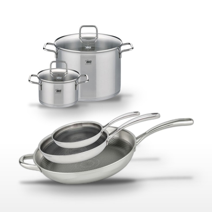 Batterie de cuisine Relief Evolution en inox - poêles et faitouts 20/24/26/28/32 cm
