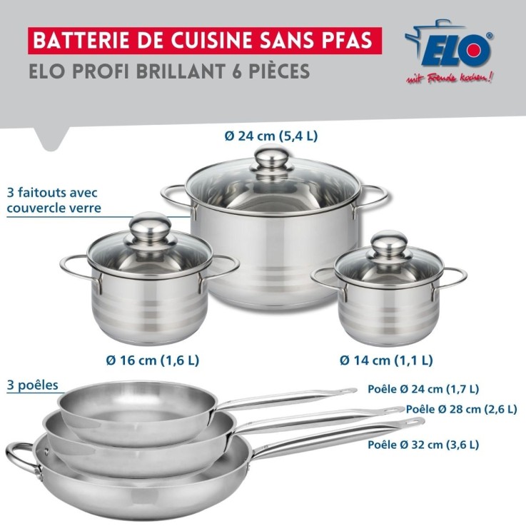 Batterie de cuisine Profi Brillant en inox - 3 poêles et 3 faitouts