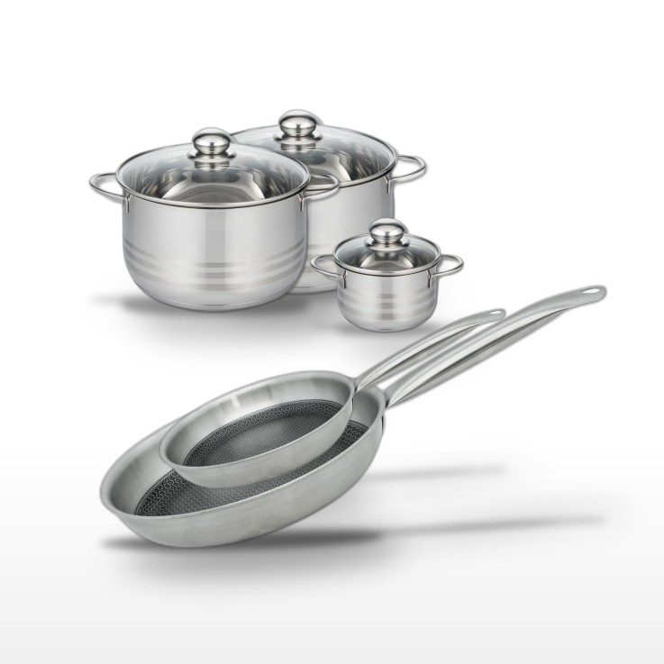 Batterie de cuisine Relief Solution en inox - 2 poêles et 3 faitouts - 24/28 cm et 12/20/24 cm