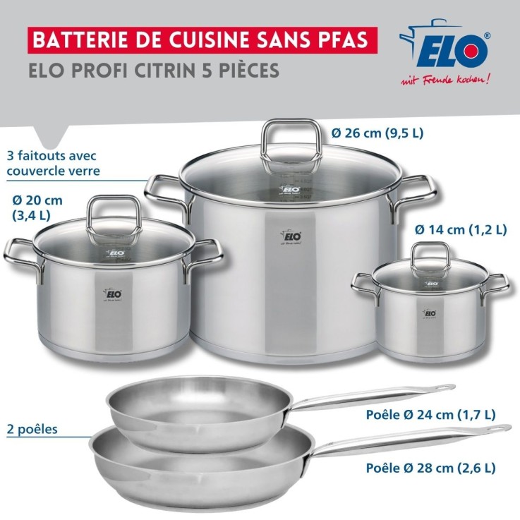 Batterie de cuisine Profi Citrin en inox - 24/28 cm - 14/20/26 cm
