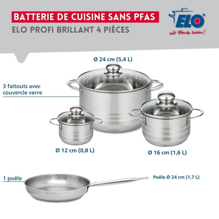 Batterie de cuisine Profi Brillant en inox - poêle 24 cm et faitouts 12, 16 et 24 cm