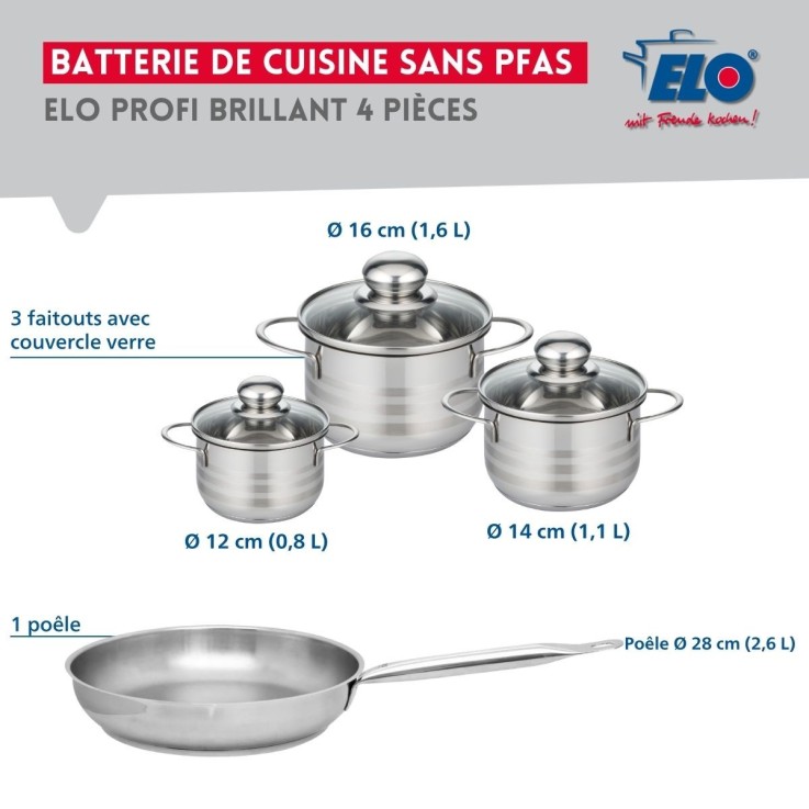 Batterie de cuisine Profi Brillant en inox - une poêle et trois faitouts