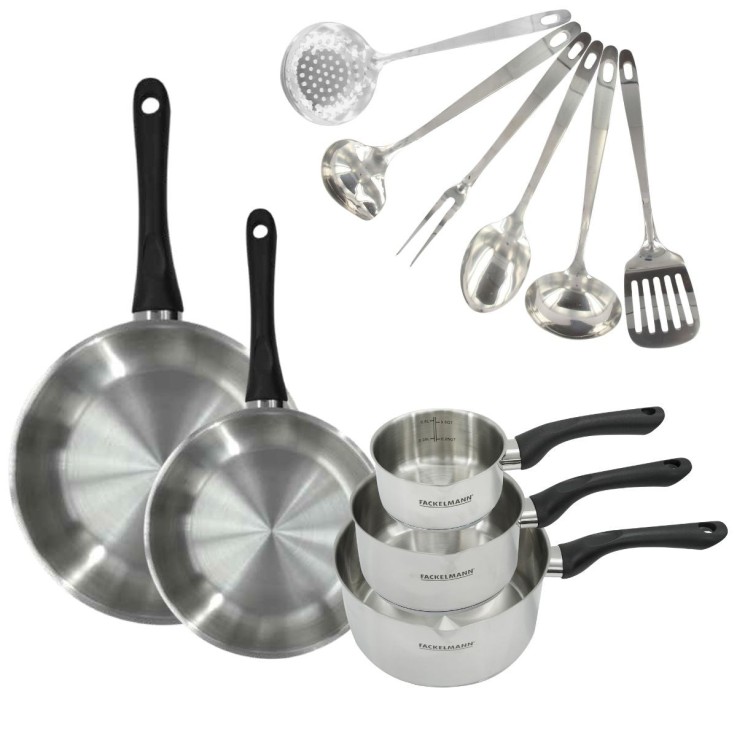 Batterie de cuisine Geneva en inox - 2 poêles - 3 casseroles - 6 ustensiles