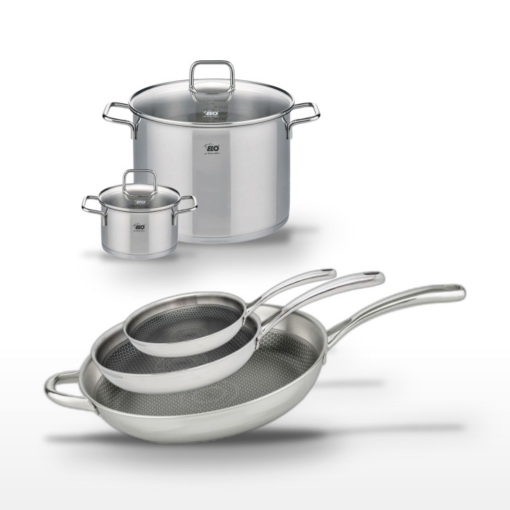 Batterie de cuisine en inox - 2 faitouts et 3 poêles