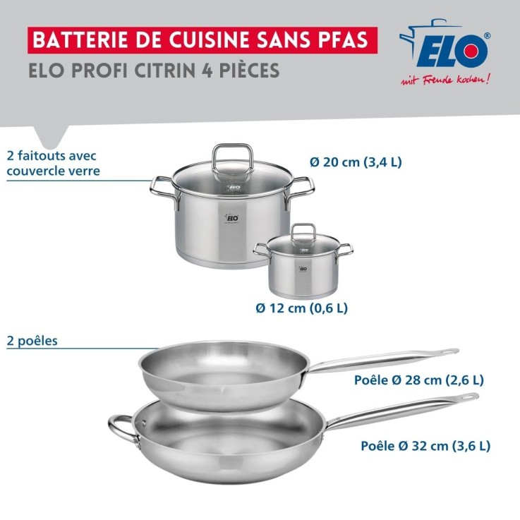 Batterie de cuisine Profi Citrin en inox - 2 poêles et 2 faitouts