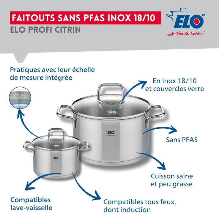 Batterie de cuisine Profi Citrin en inox - 2 poêles et 2 faitouts