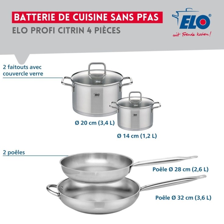 Ensemble de poêles et faitouts Profi Citrin en inox - 28 et 32 cm - 14 et 20 cm