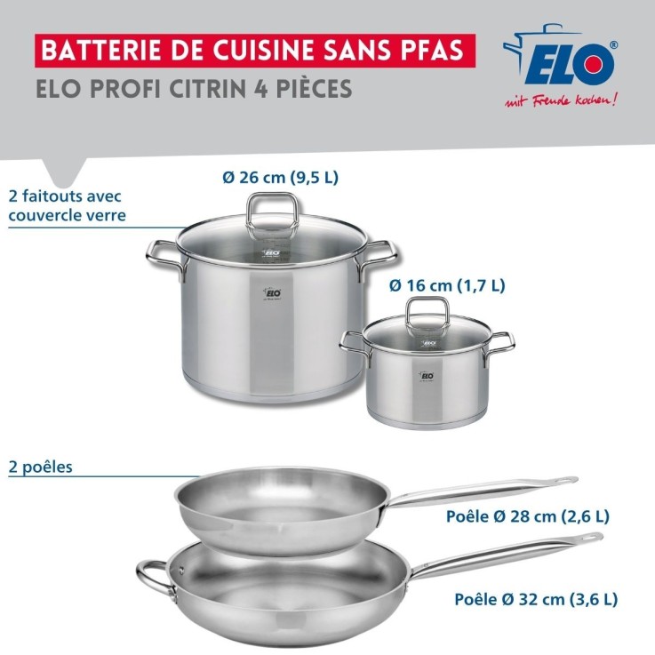 Batterie de cuisine Profi Citrin en inox - 16, 26, 28 et 32 cm