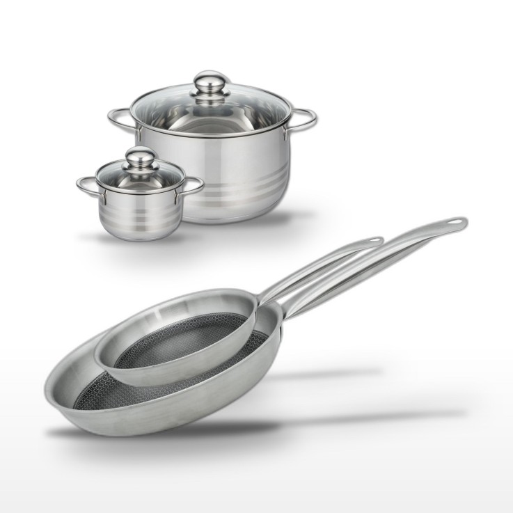 Batterie de cuisine Relief Solution en inox - 2 poêles et 2 faitouts