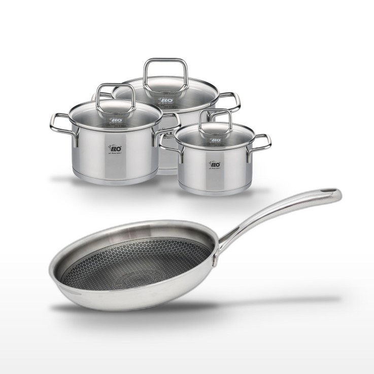 Lot poêle et faitouts Relief Evolution et Citrin en inox - 28 cm - 12, 14 et 16 cm