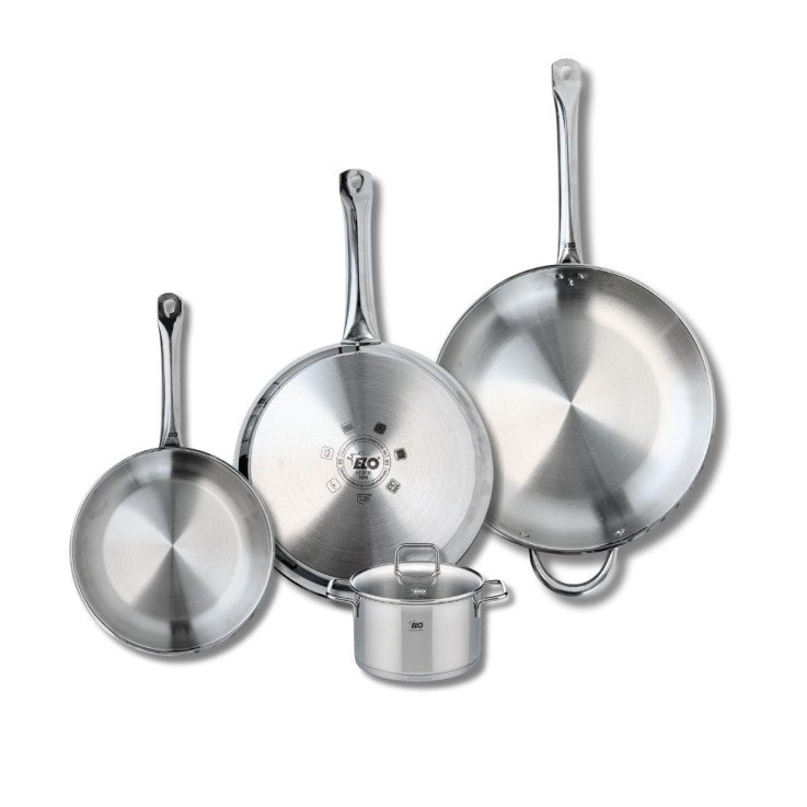 Batterie de cuisine Profi Citrin en inox - 3 poêles 24, 28 et 32 cm et faitout 14 cm