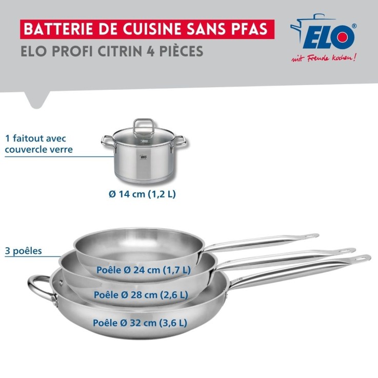 Batterie de cuisine Profi Citrin en inox - 3 poêles 24, 28 et 32 cm et faitout 14 cm