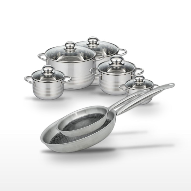 Batterie de cuisine Relief Solution en inox - 4 faitouts et 2 poêles - noir