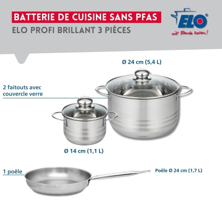 Ensemble de cuisson Profi Brillant en inox - 3 pièces - poêle et faitouts