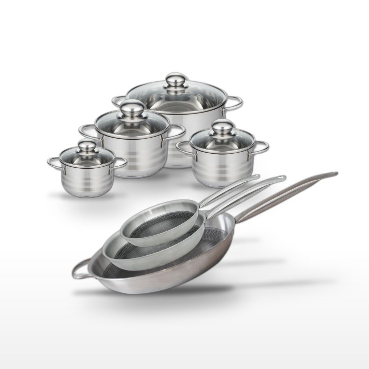 Batterie de cuisine Relief Solution en inox - 32/28/24 cm et 20/16/14/12 cm