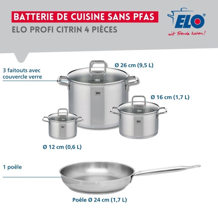 Batterie de cuisine Profi Citrin en inox - 7 pièces - diamètres 12/16/24/26 cm