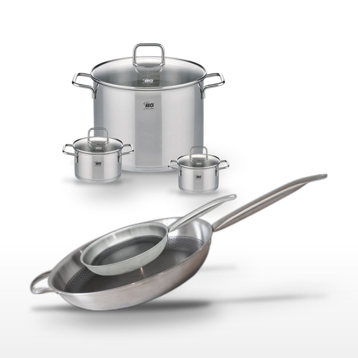 Batterie de cuisine Relief Solution en inox - 3 faitouts et 2 poêles