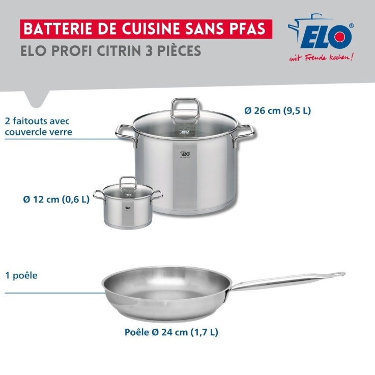 Batterie de cuisine Profi Citrin en inox - 12, 24 et 26 cm