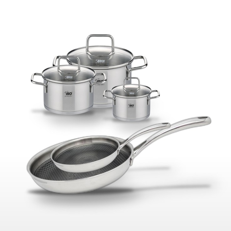 Lot de 2 poêles et 3 faitouts Relief Evolution en inox - 24/28 cm - 12/16/20 cm