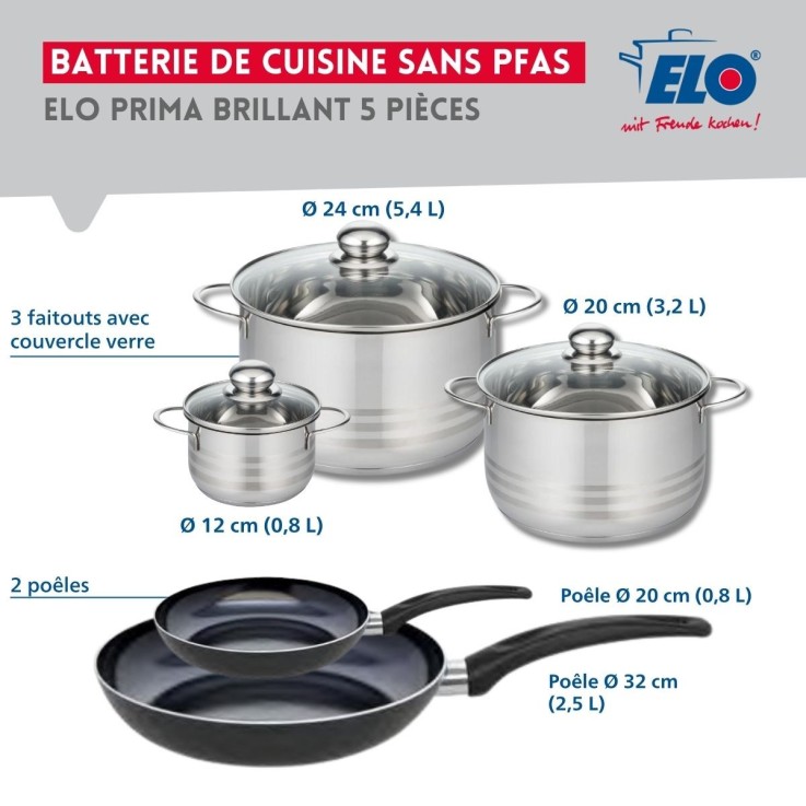 Ensemble de poêles et faitouts Prima Brillant en aluminium et inox - 5 pièces