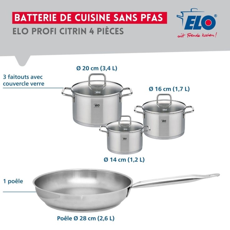 Batterie de cuisine Profi Citrin en inox - 14, 16, 20, 28 cm