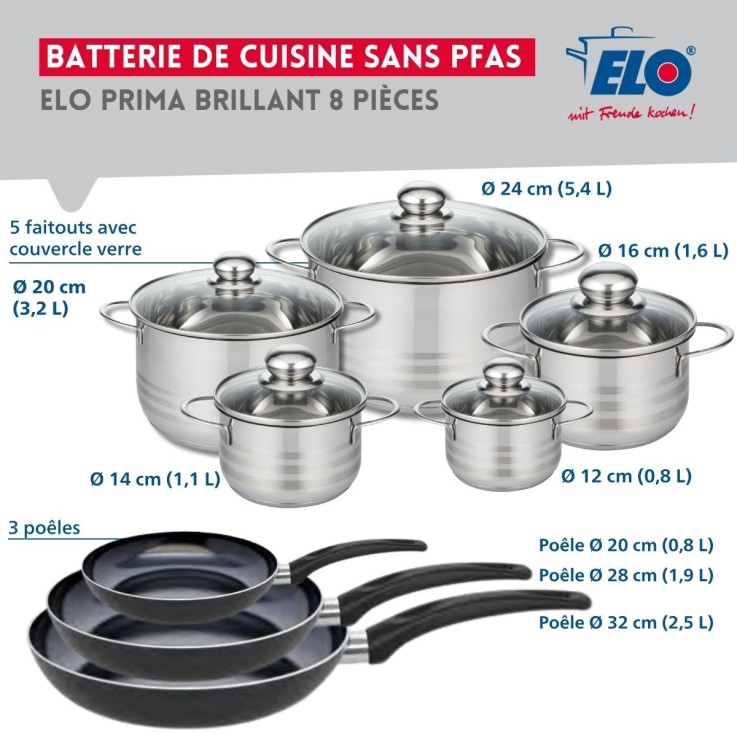 Batterie de cuisine Prima Brillant en aluminium et inox - 8 pièces - noir