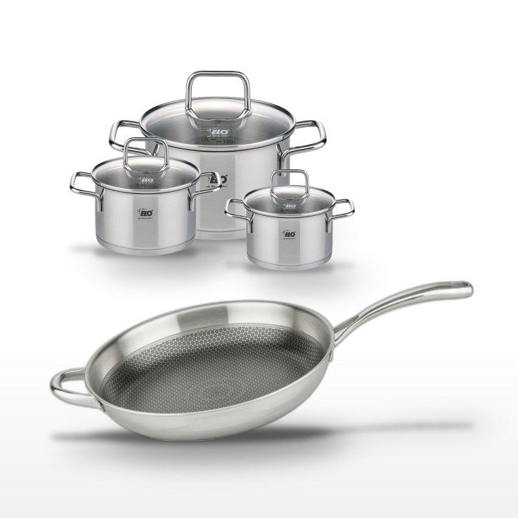 Batterie de cuisine Relief Evolution en inox - poêle 32 cm - faitouts 12/14/20 cm